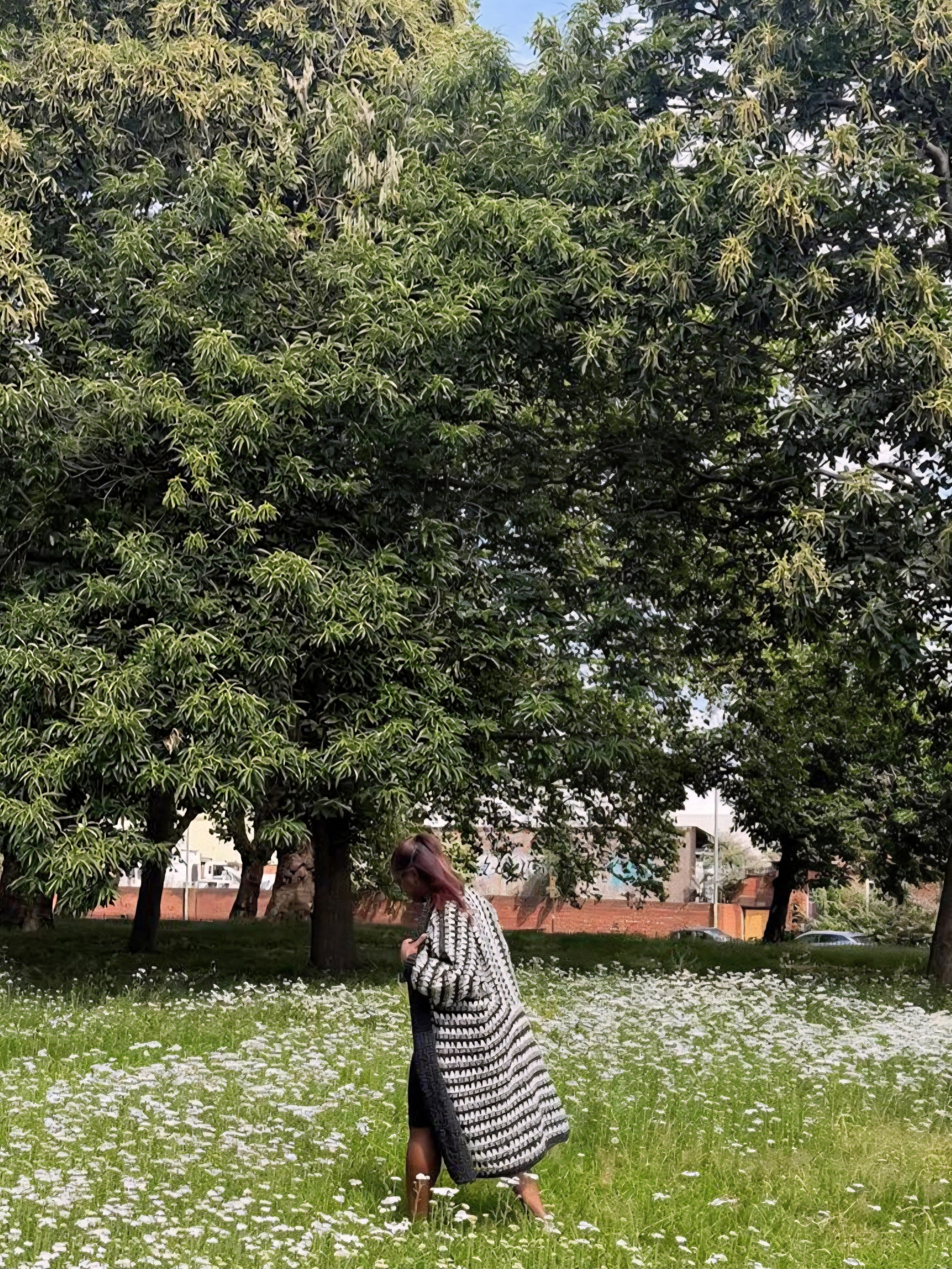 A woman stands in a grassy field of small white flowers under large green trees, wearing a long black-and-white patterned cardigan over a dark dress.